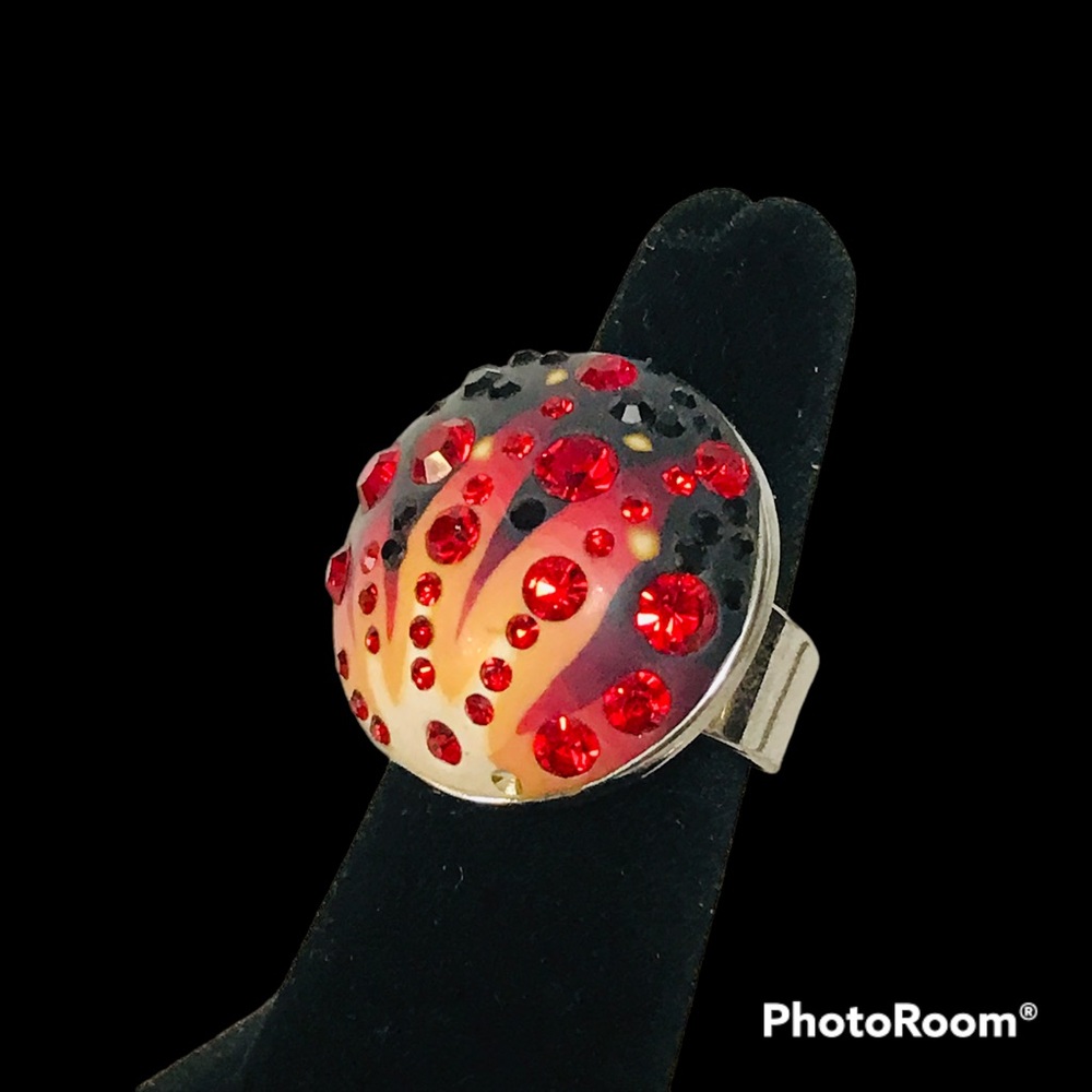 Edgy Dome Ring  with Orange Red Sparkling Details